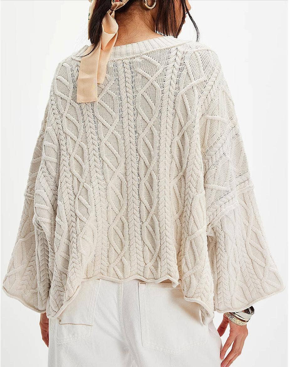 Chunky Cable Knit Crop Sweater–Loose Boho Crewneck Pullover