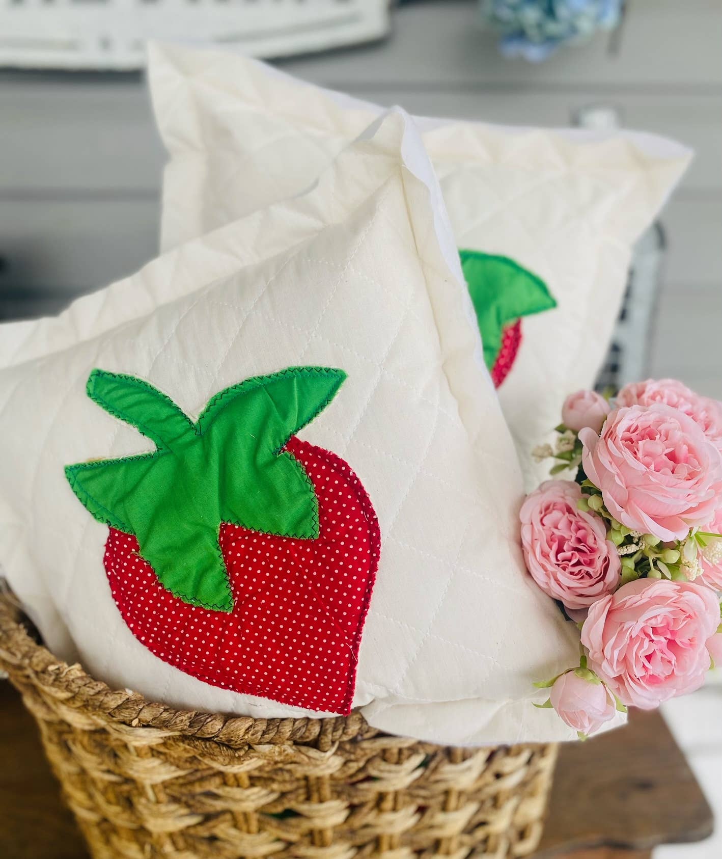 A Gnome on the Roam - Handcrafted Mini Upcycle Pillow Vintage Quilted Strawberry