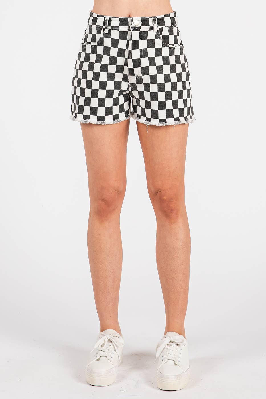 GAME DAY CHECKERED FRAYED HEM CASUAL SHORTS