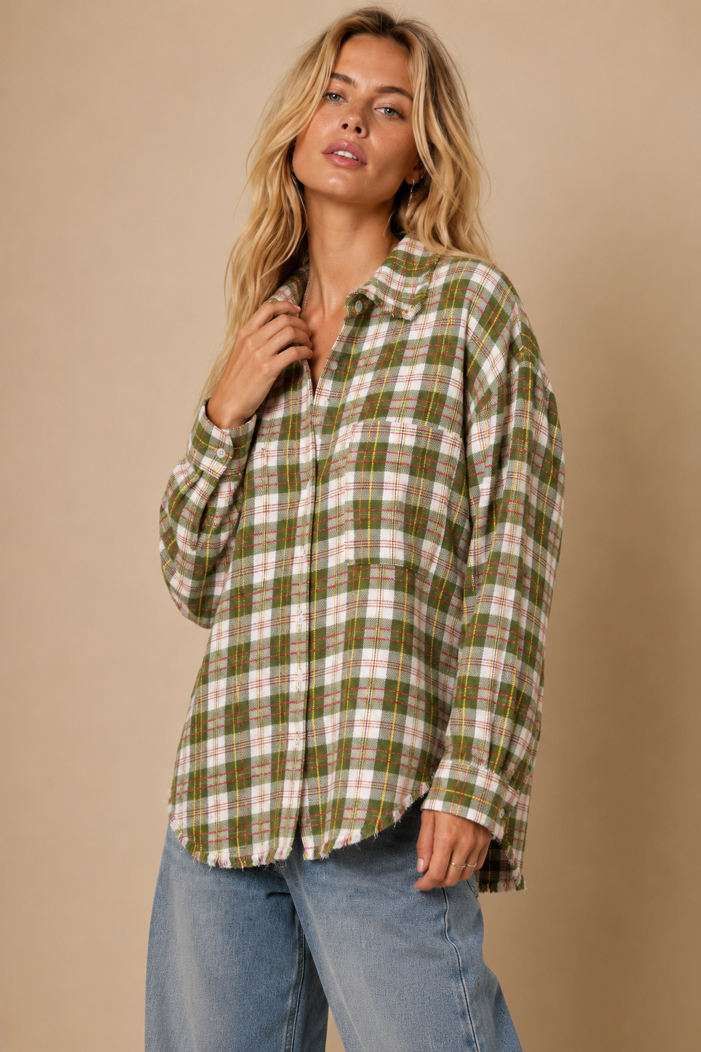 J.NNA - Frayed Hem Plaid Oversized Flannel Button-Down Shirt