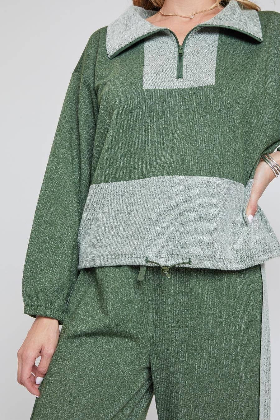 Half Zip Pull Over Sweater with Drawstring Waist-WJ1089RT