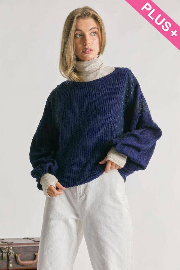 PLUS LACE DETAIL SLEEVE COLOR BLOCK MIXED FABRIC SWEATER PULL OVER TOP