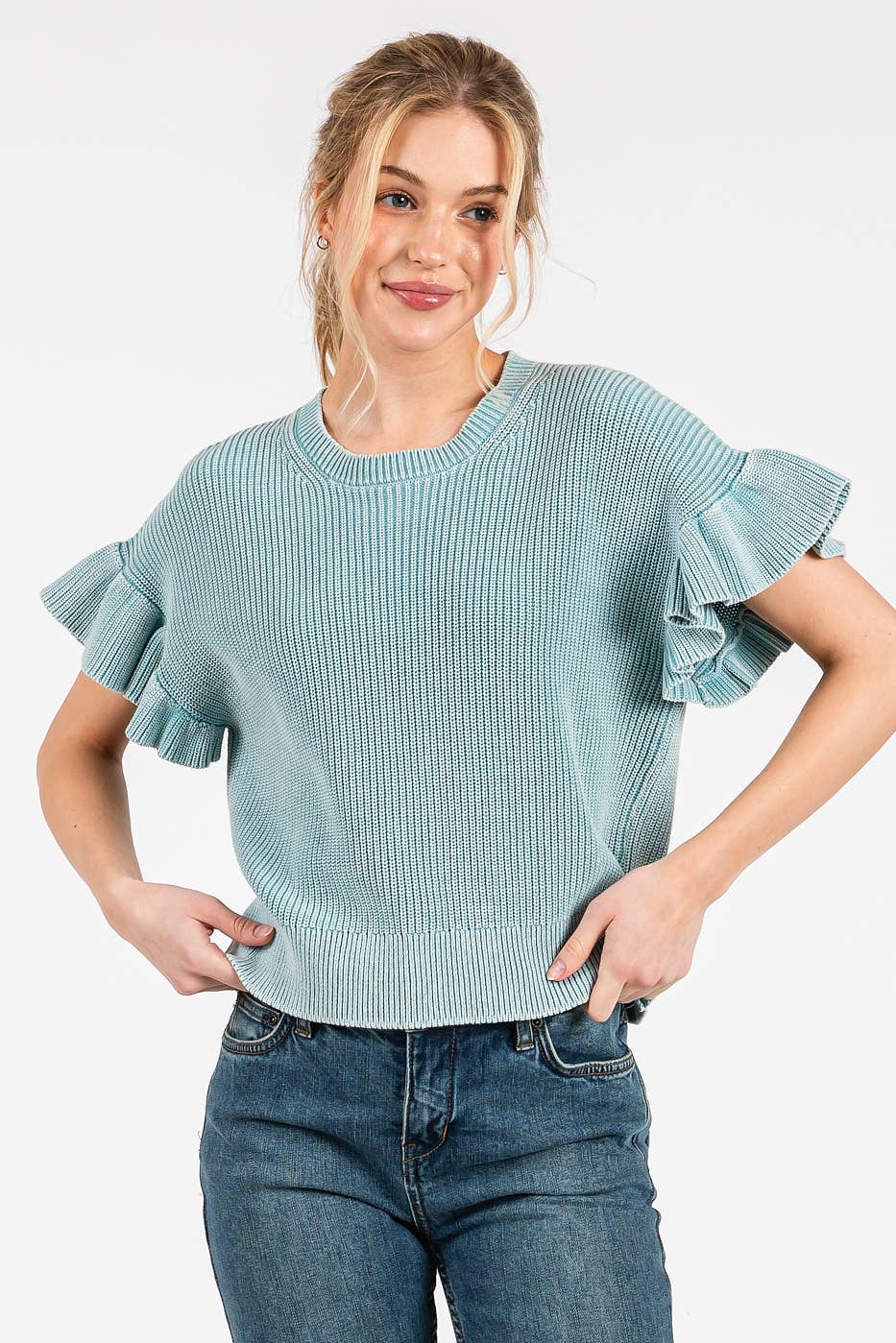 MINERAL WASH RUFFLE SHORT SLEEVE SWEATER TOP