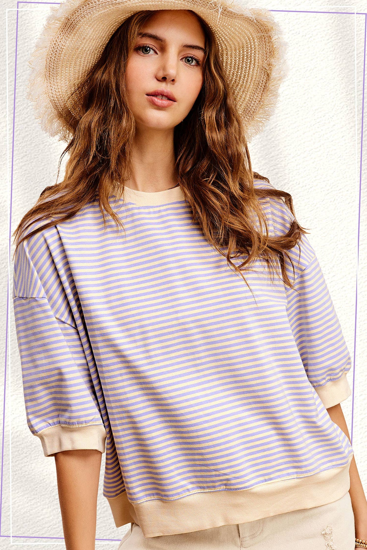 MCT7688-Loose Fit Striped Short Sleeve Crew Neckline Top