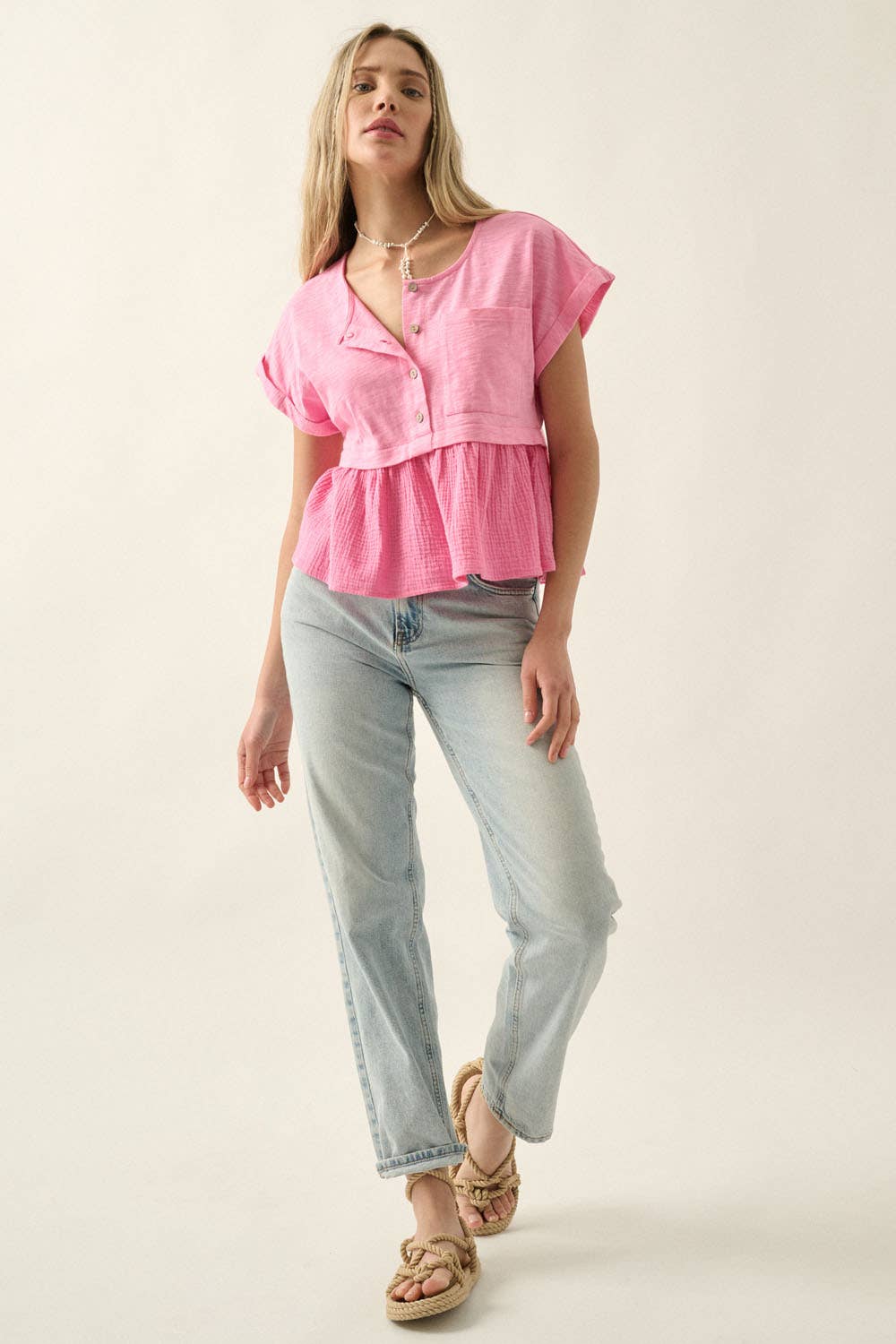 Slub Knit Crinkle Cotton Half-Button Babydoll Top