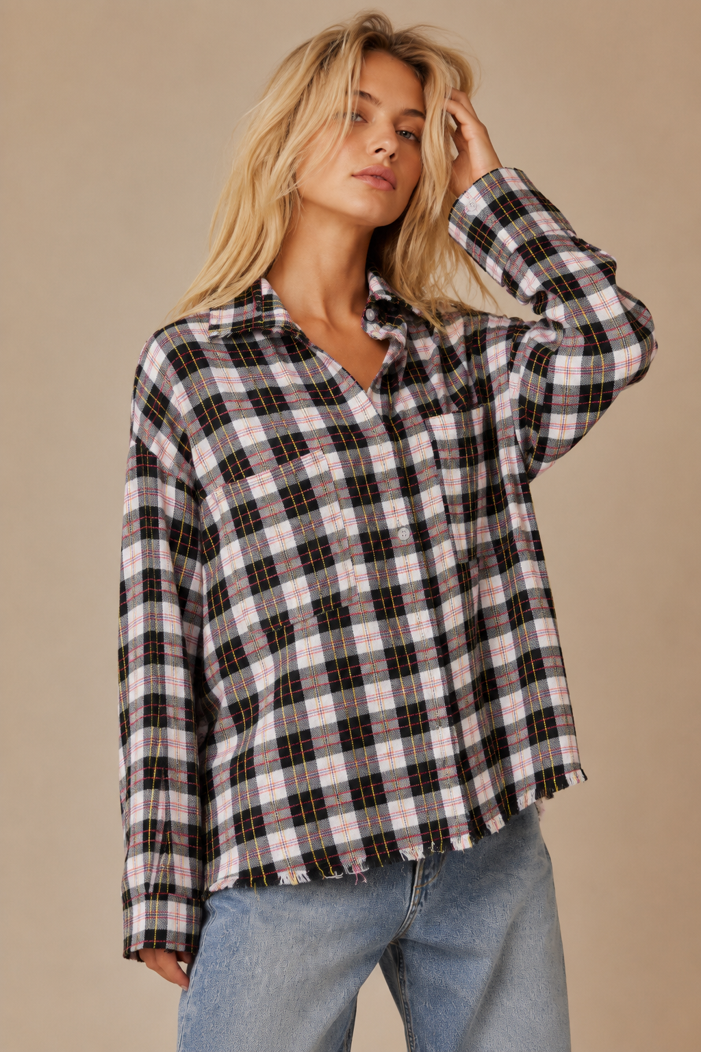 J.NNA - Frayed Hem Plaid Oversized Flannel Button-Down Shirt