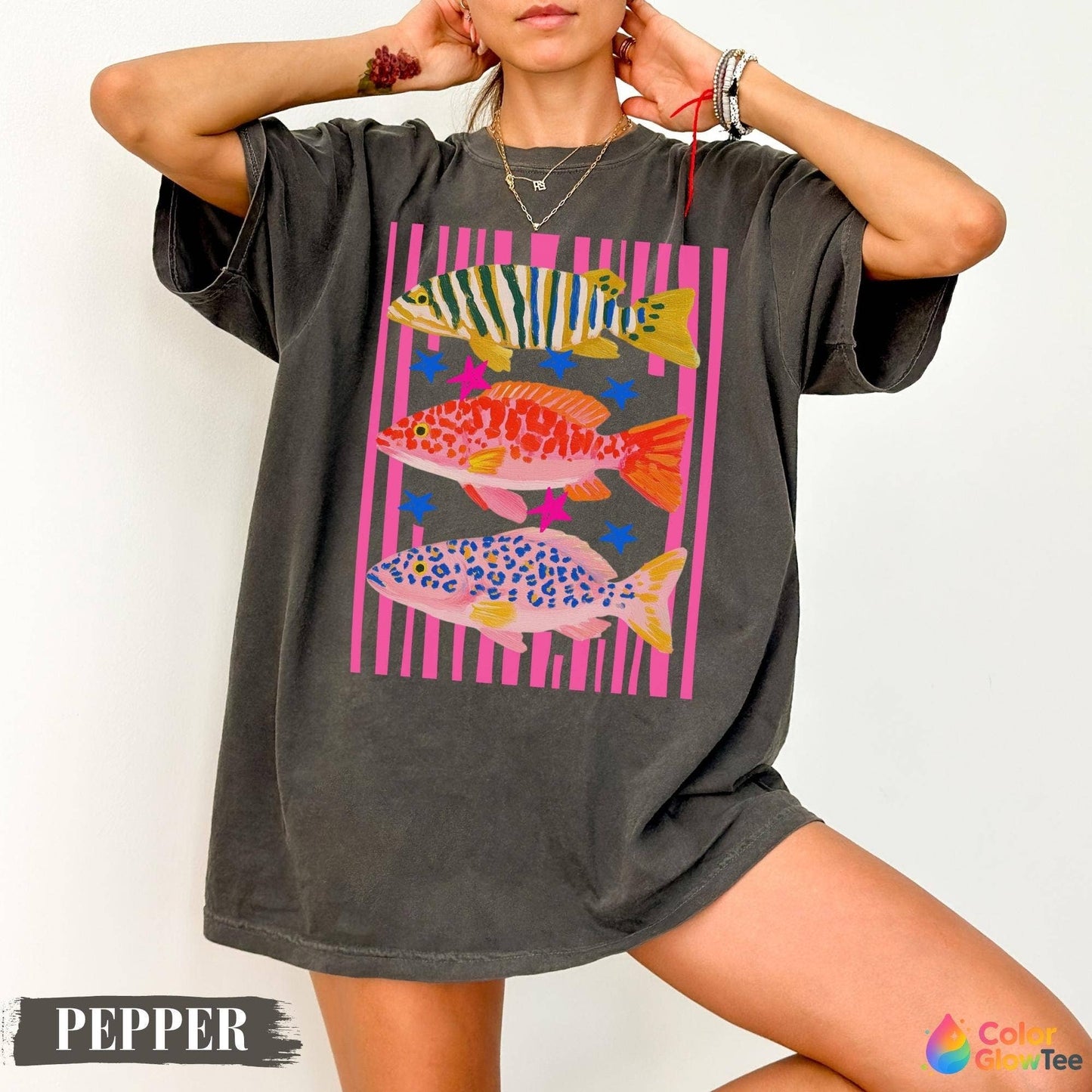 Glaime - Comfort Colors Preppy Fish Graphic Tee, Coastal Summer Beach