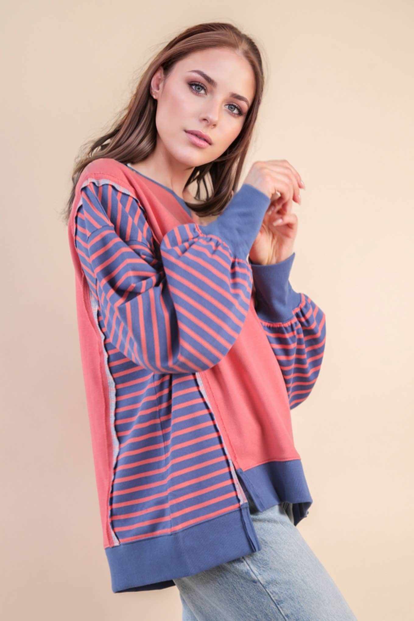 NT12221-Oversized Striped Casual Knit Top