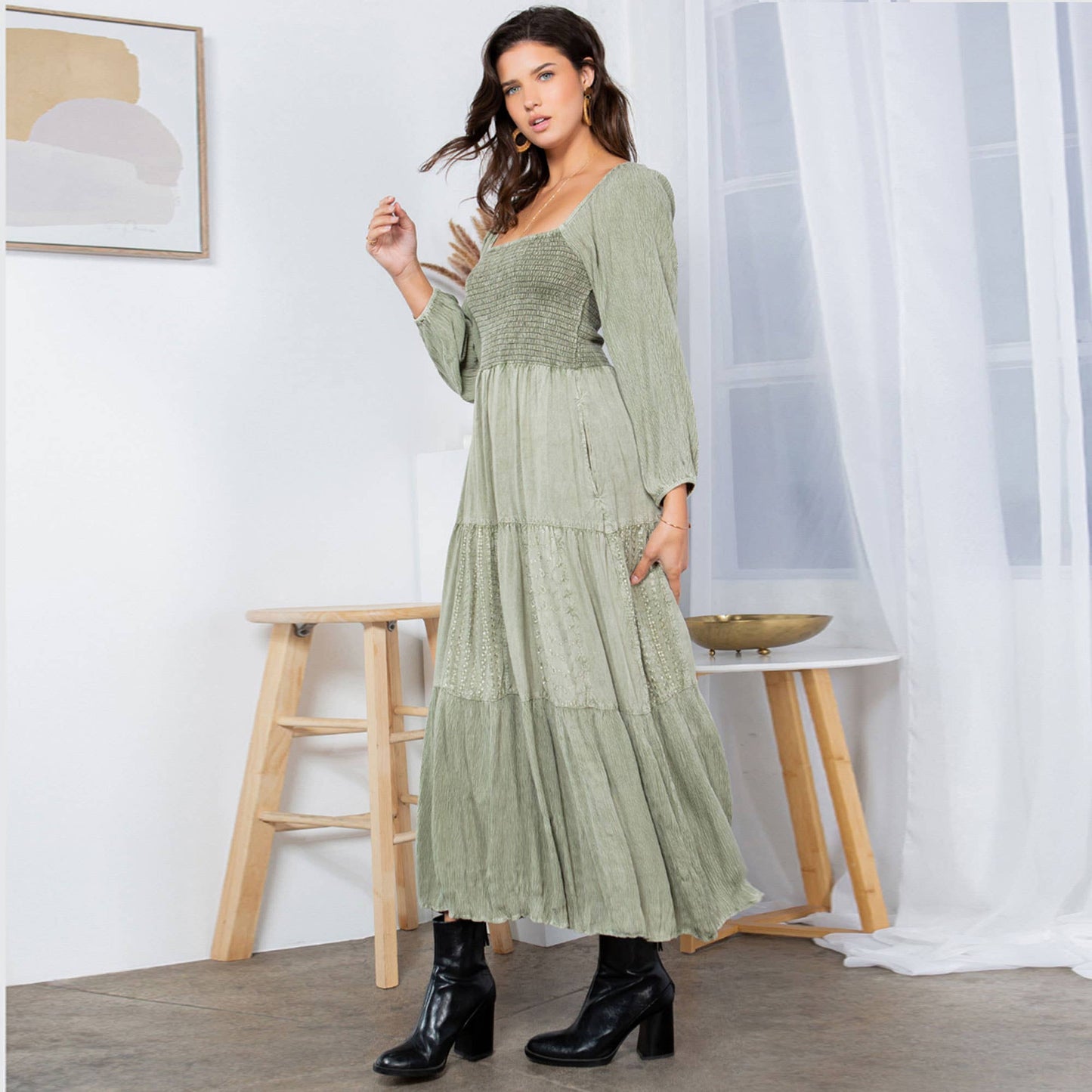 Embroidered Empire Mid-Length Dress (New Color)