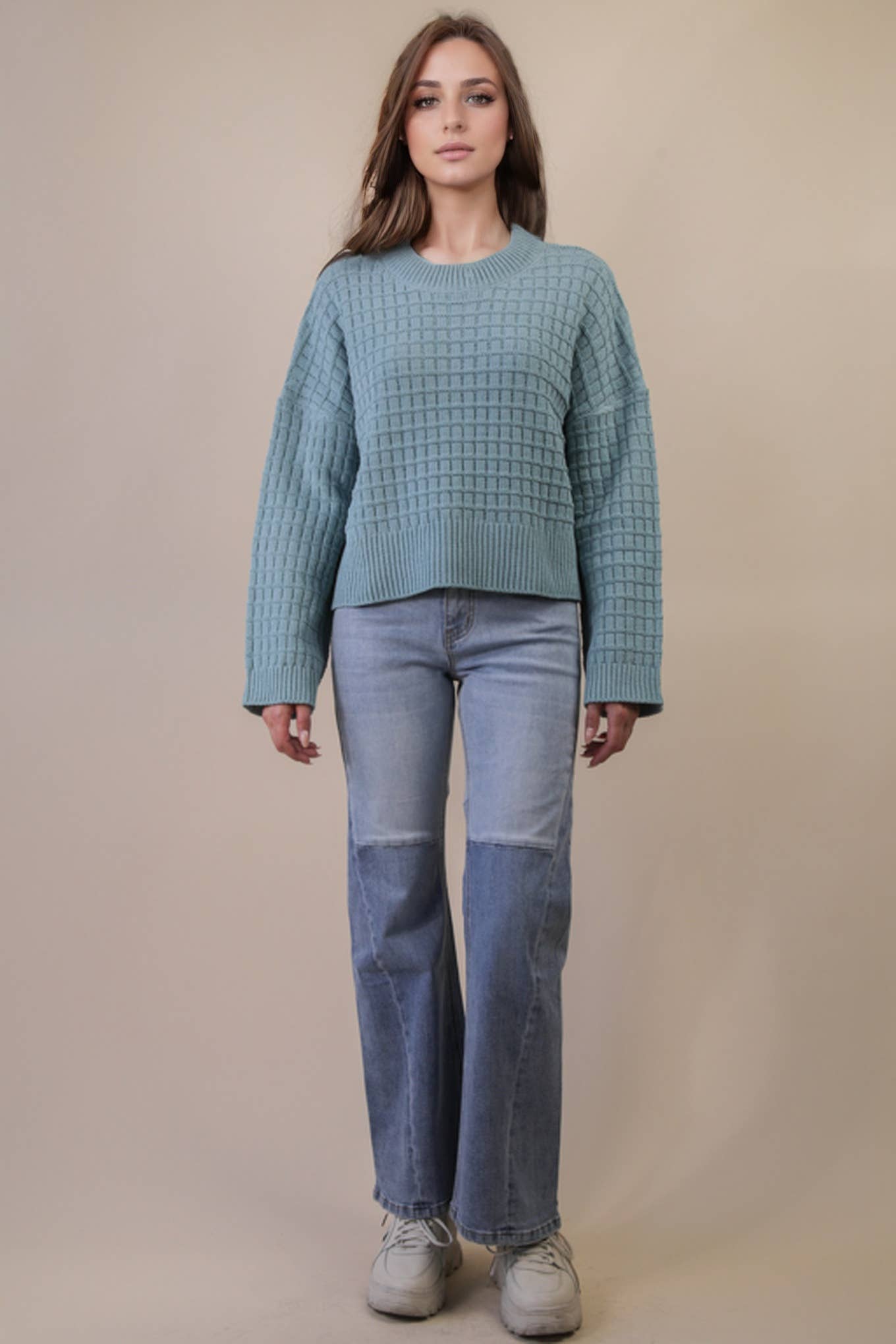 12W3518N-Oversized Textured Solid Casual Knit Sweater Top