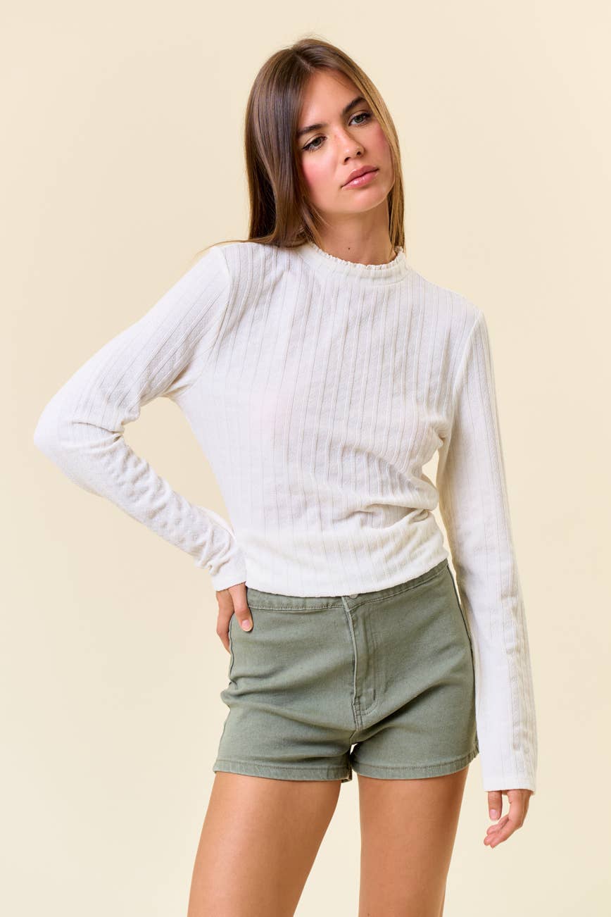 LACE RUFFLED MOCK NECK LONG SLEEVE TOP - 44684T