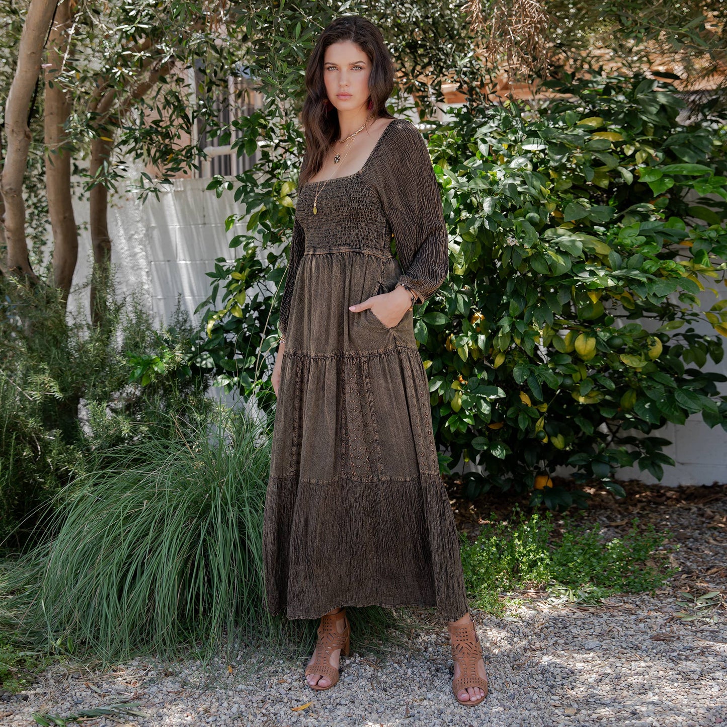 Embroidered Empire Mid-Length Dress (New Color)