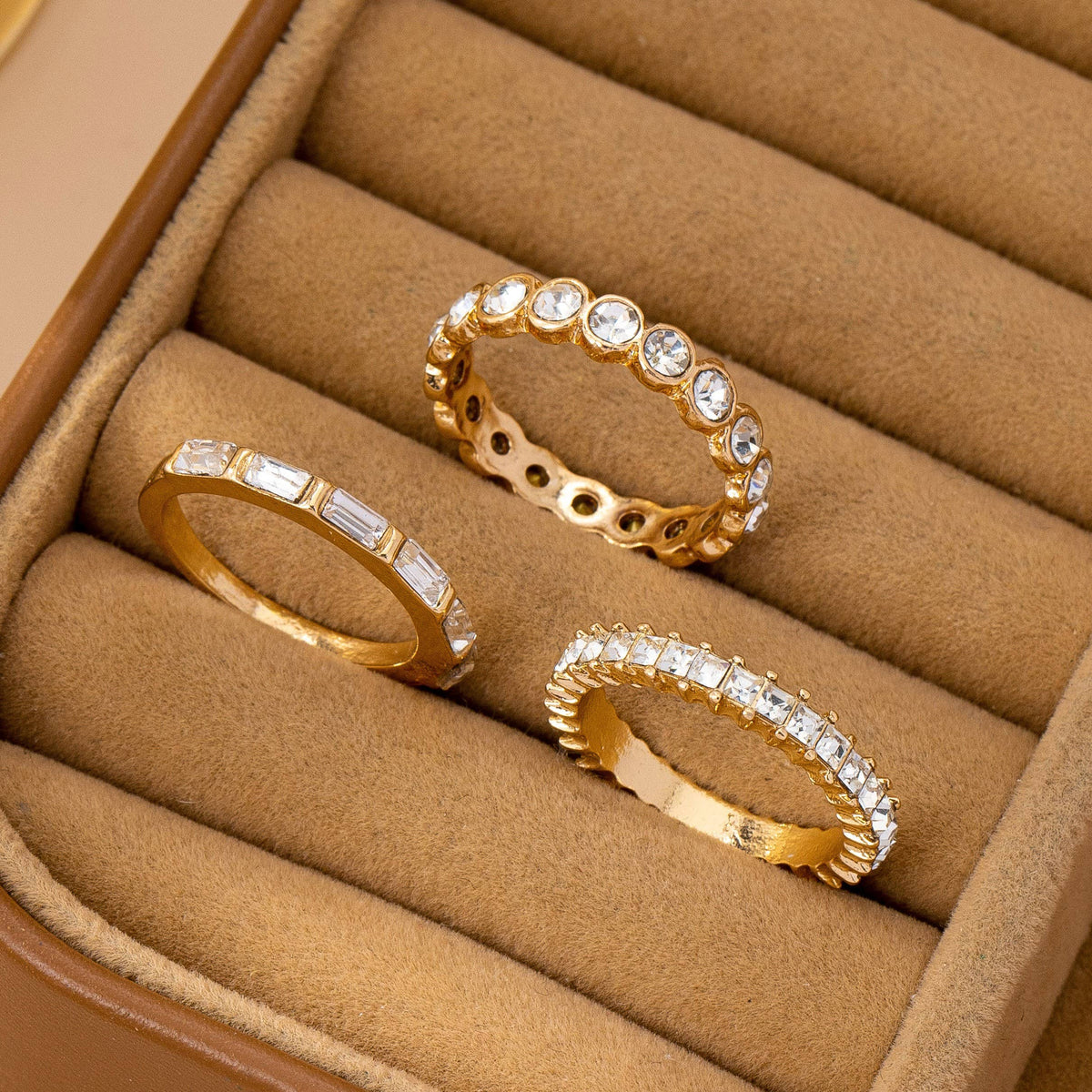JOSSLYN by wall to wall - Gold-Tone Triple Crystal Stacking Ring Set | 80R176