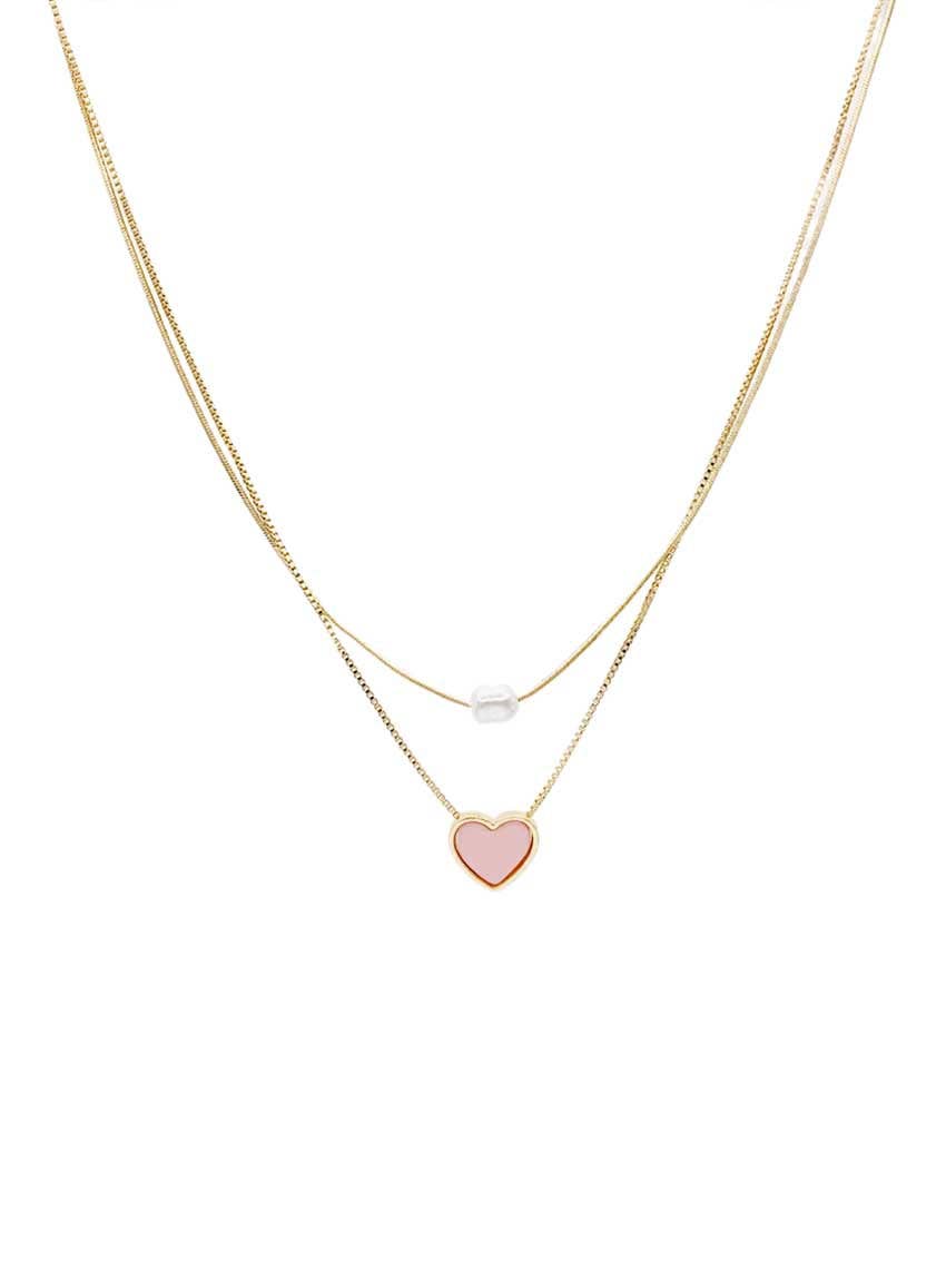 What's Hot - Gold Chain with Pearl and Pink Heart 16"-18" Necklace