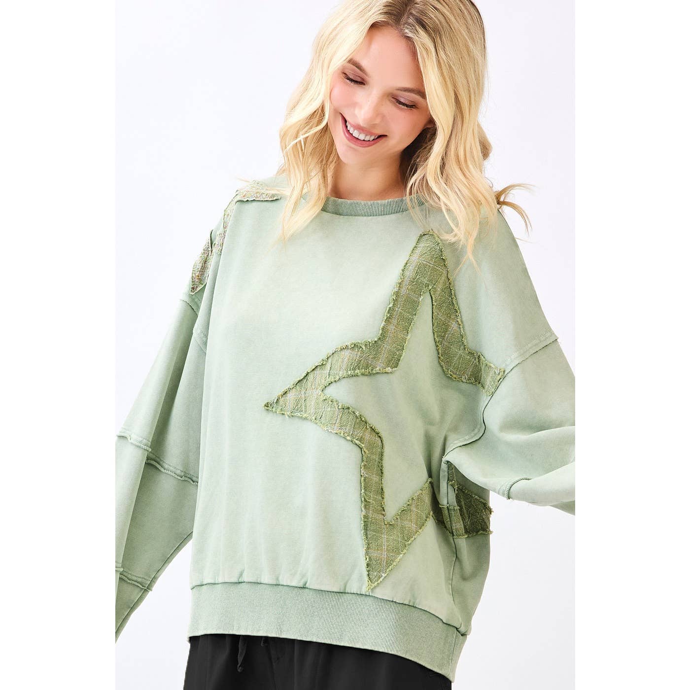 mittoshop - STAR PATCHWORK MINERAL WASH LONG SLEEVE SWEATSHIRT