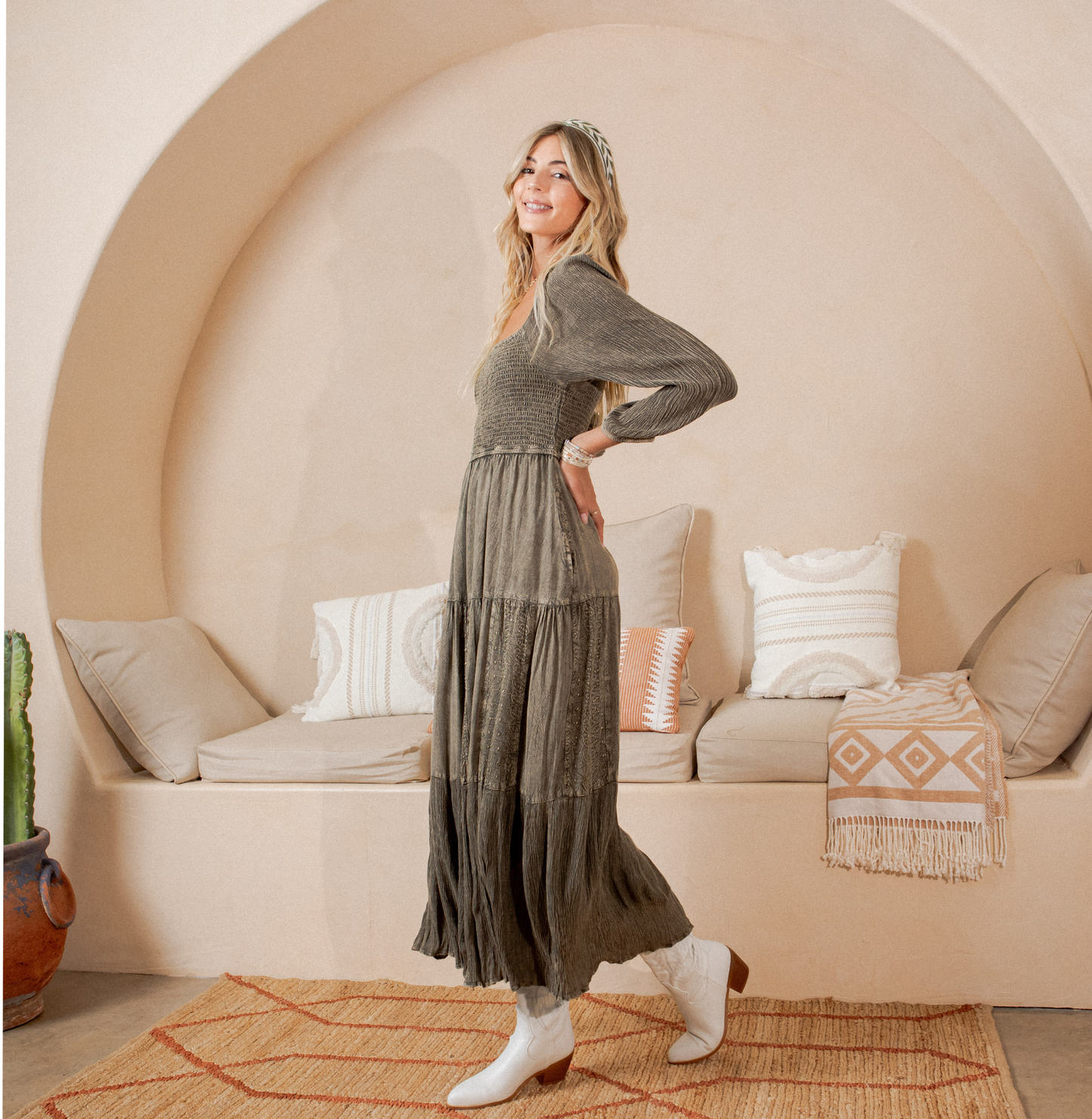 Embroidered Empire Mid-Length Dress (New Color)