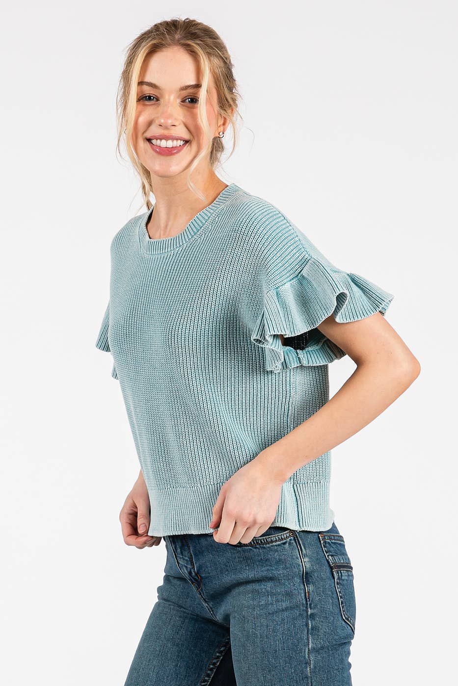 MINERAL WASH RUFFLE SHORT SLEEVE SWEATER TOP