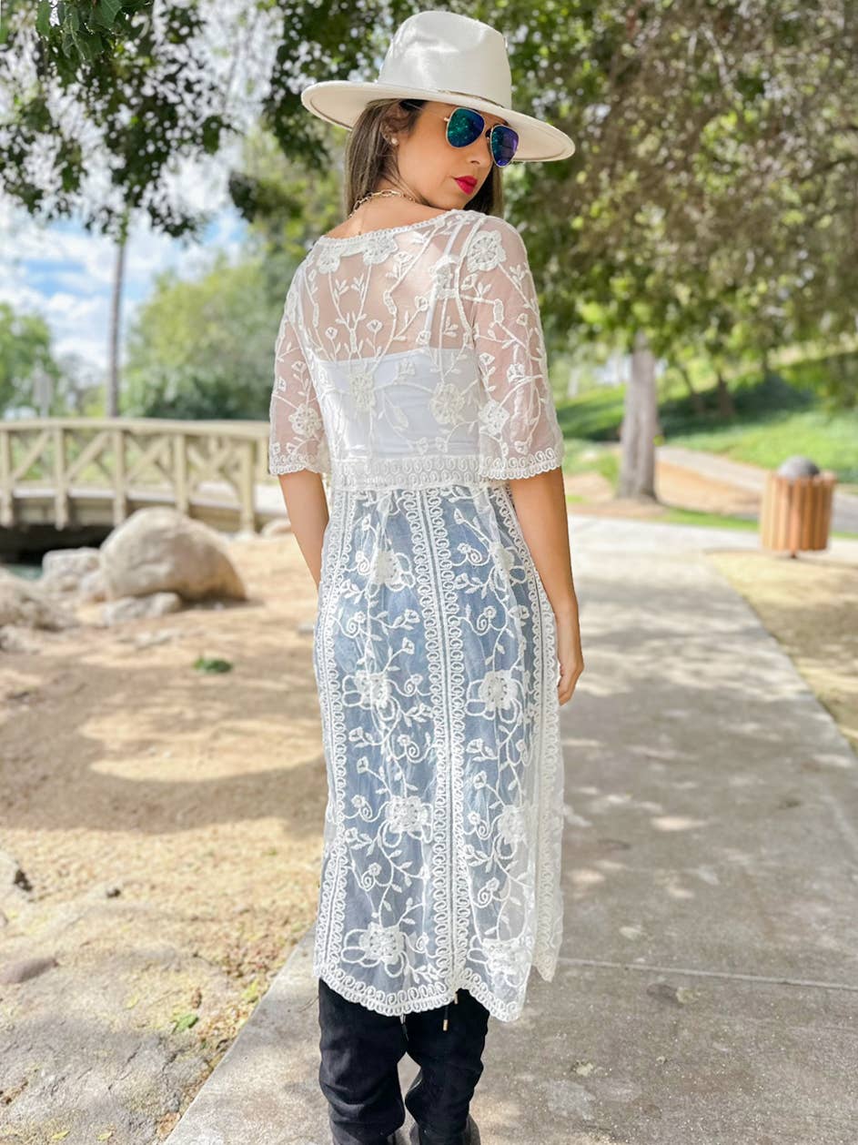 AMOLI - Ivory Boho Floral Lace Sheer Dressy Maxi Kimono Cover Up
