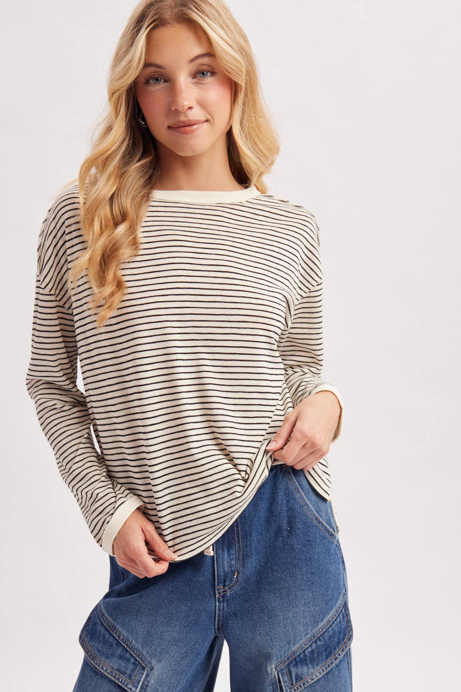 OVERSIZED BOXY STRIPED KNIT LONG SLEEVE TOP
