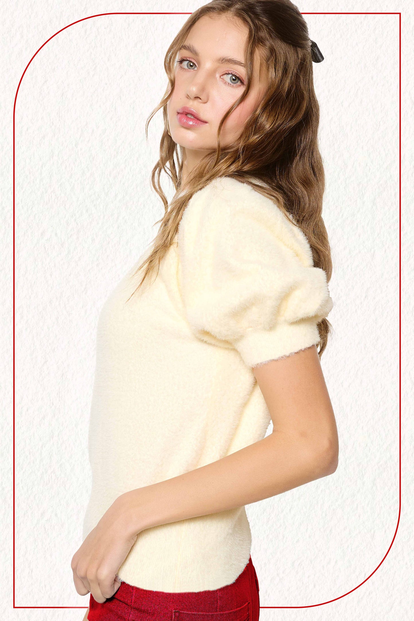 JCS3554-Soft Mohair Puff Short Sleeve Knit Top
