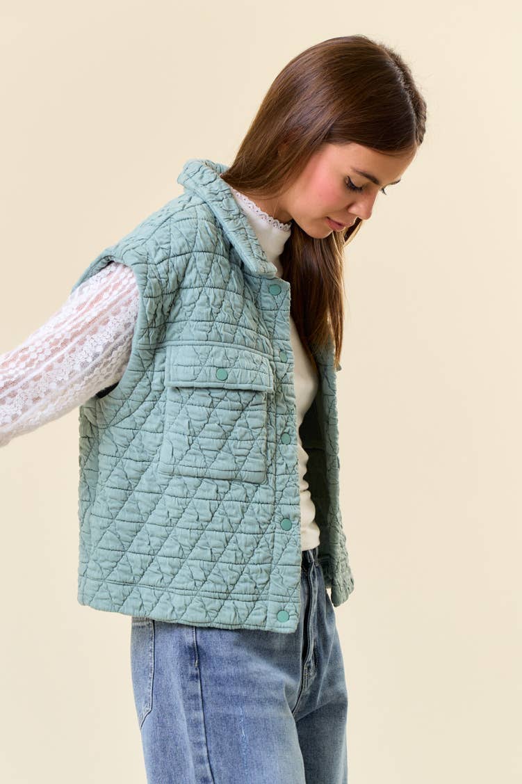 QUILTED POINT COLLAR FLAP PATCHED POCKET VEST - 10626J-1
