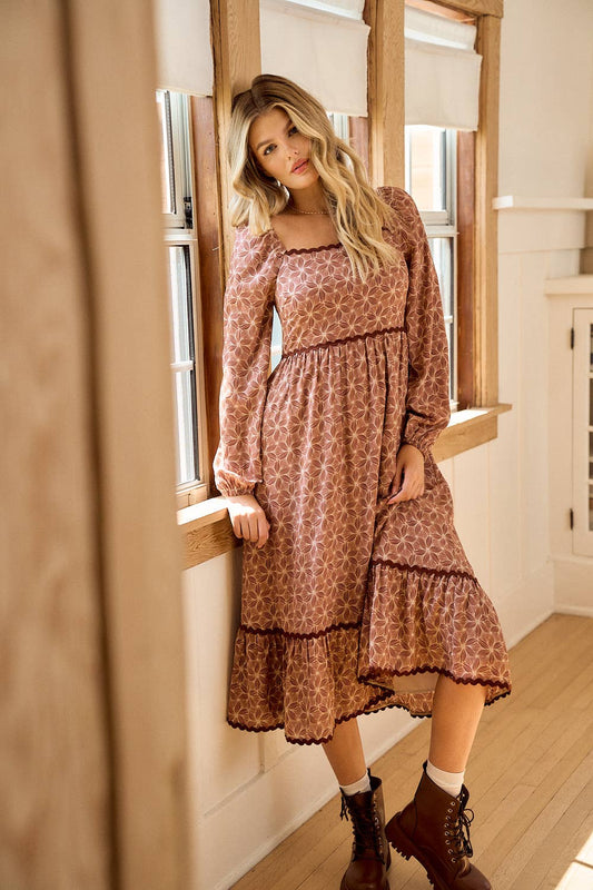 Floral Square Neck Lace Tiered Midi Dress - 27847D