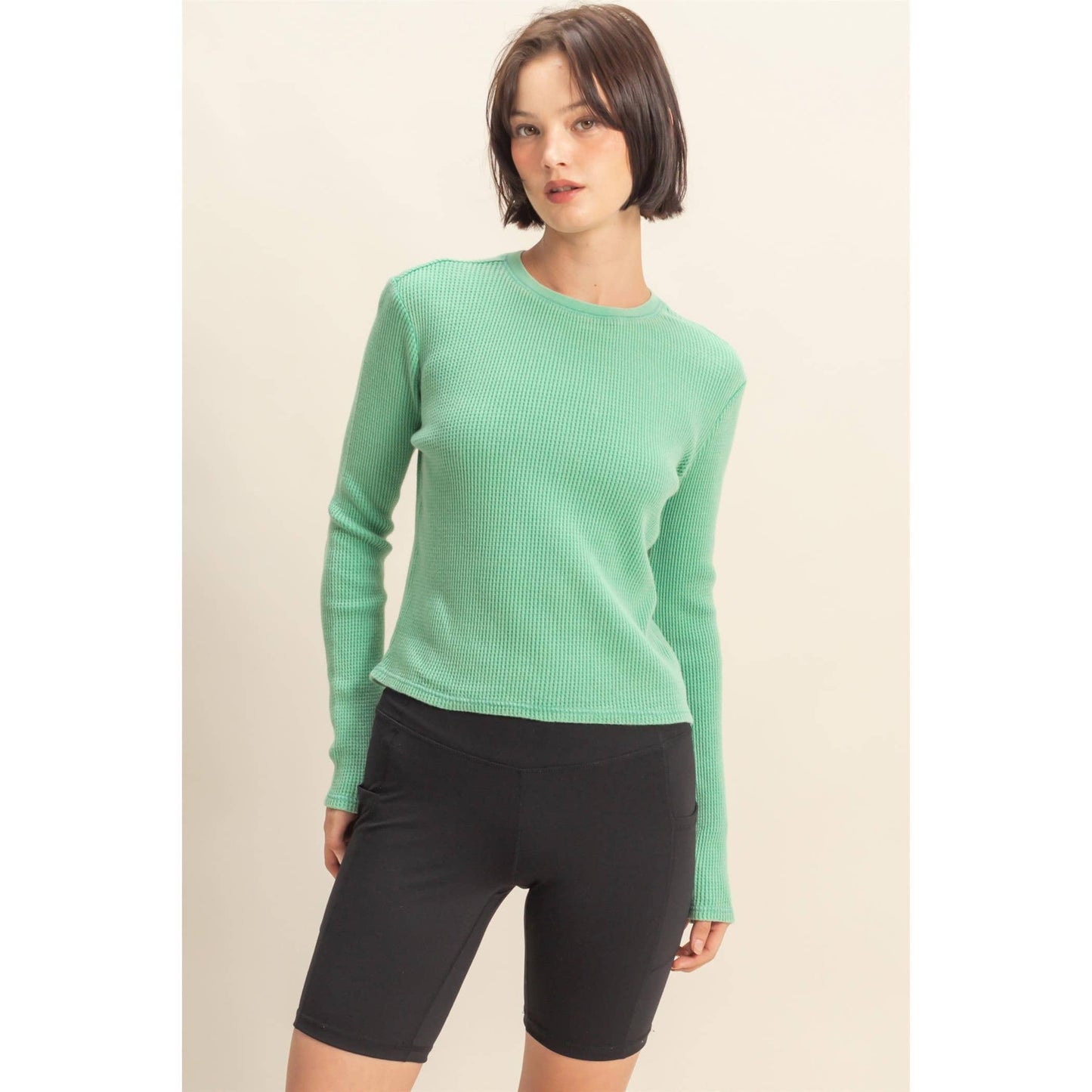 Mineral Wash Waffle Knit Long Sleeve Top