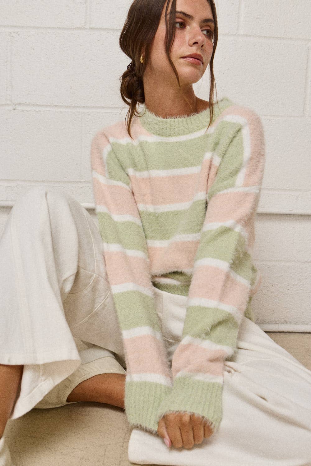 PT19021 - Loose Fit Striped Fuzzy Knit Sweater Top