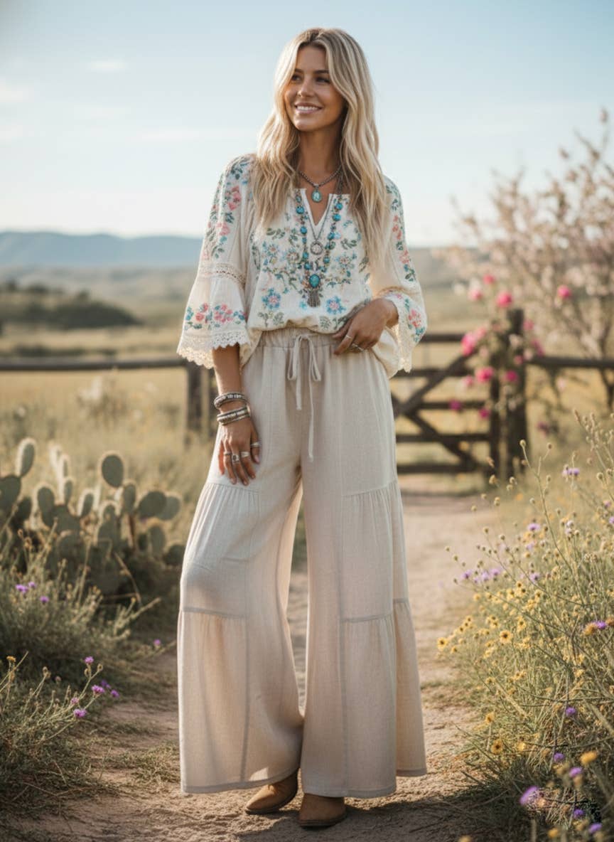 Linen Blend Tiered Wide Leg Palazzo Pants