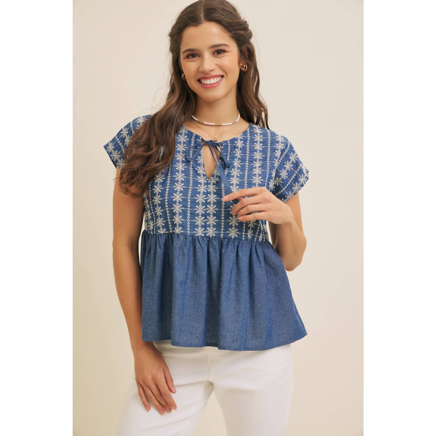 EMBROIDERY BABYDOLL DENIM BLOUSE TOP WITH ROUND SPLIT NECK