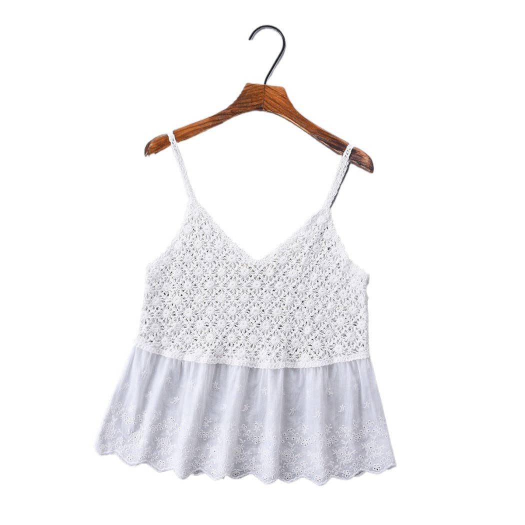 Funkyrel® Atzbranding Limited - Vesty - Lace-Knit V-Neck Cami Top - White & Beige