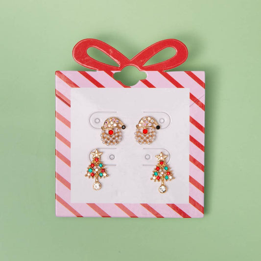 SP Sophia Collection - Holiday Earring Set with Pearl Santa Claus and Christmas