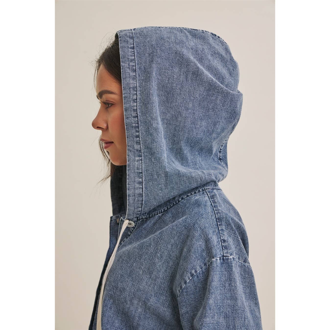in february - DUSTY ROAD MINERAL-WASHED HOODED TIERED RUFFLES DENIM TOP