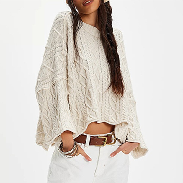 Chunky Cable Knit Crop Sweater–Loose Boho Crewneck Pullover