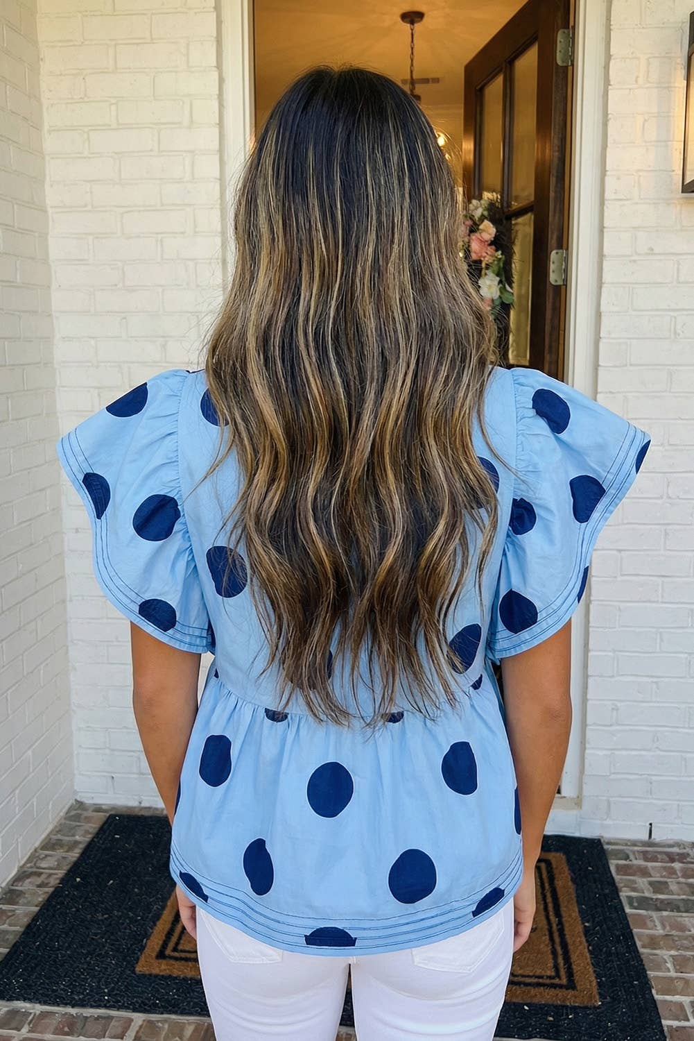 Blue Polka Dot Print Ruffled top