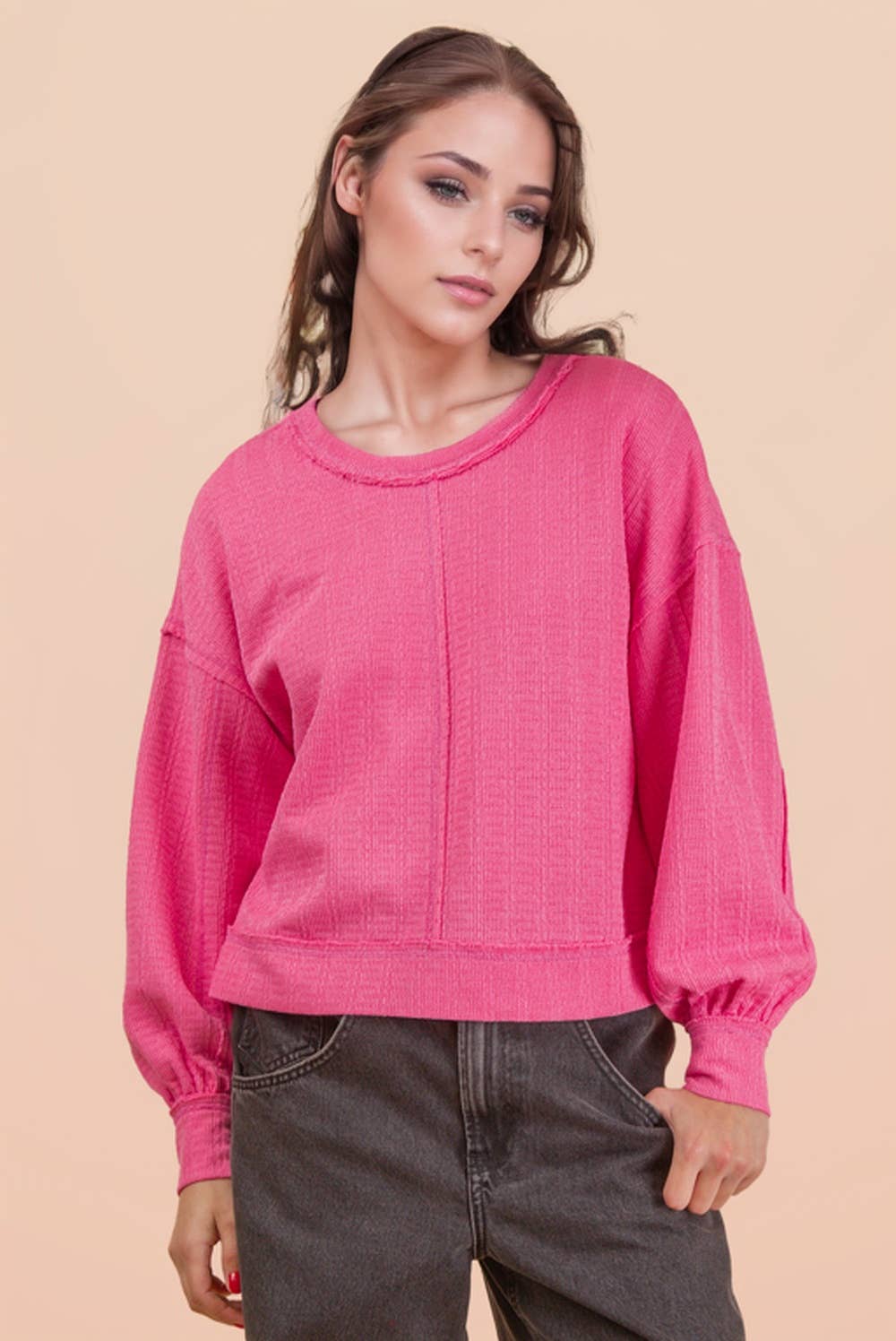VERY J - NT12413-Raw Edge Detail Oversized Textured Knit Top