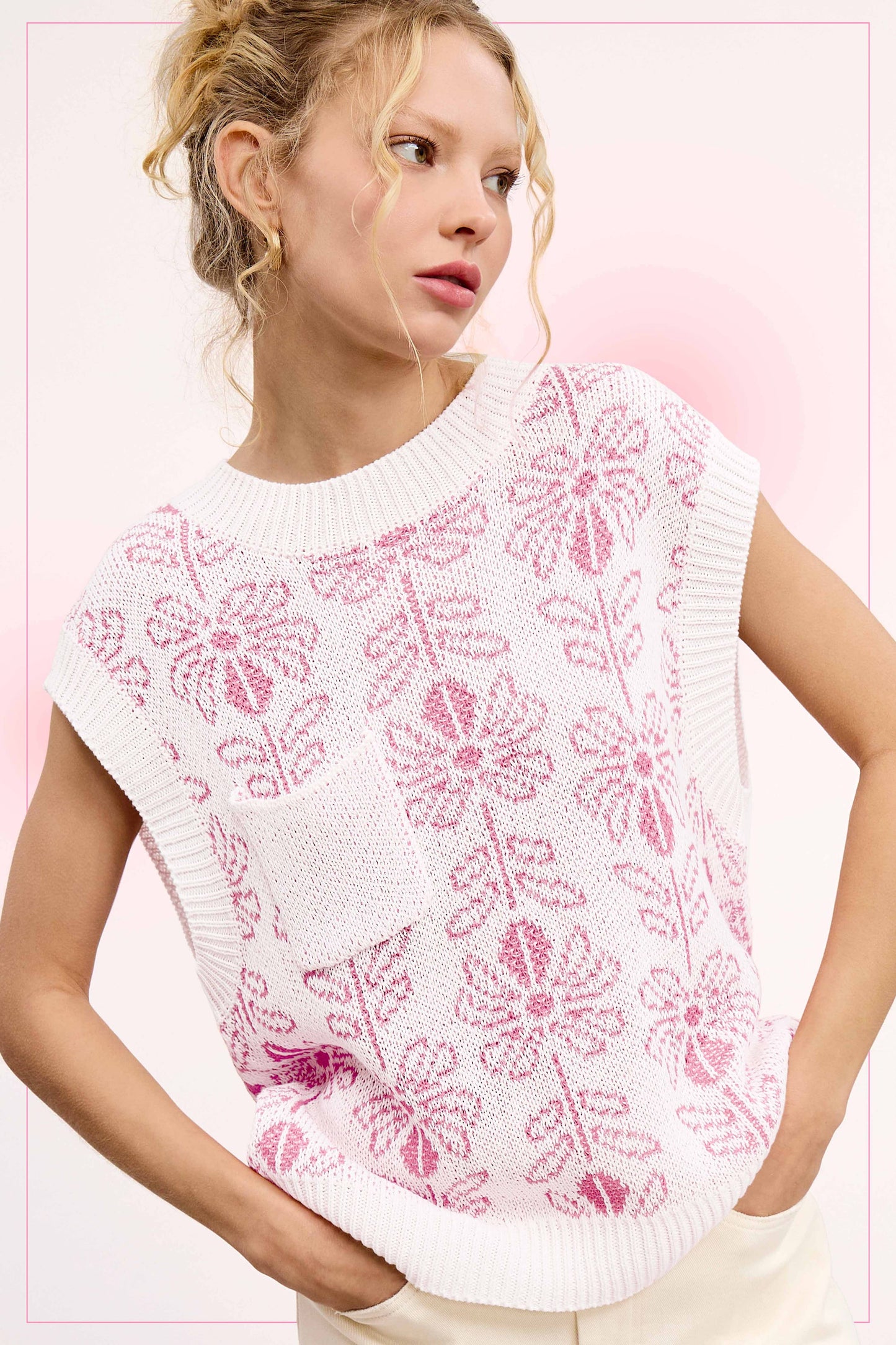 MCS3587-Floral Pattern Sleeveless Sweater Vest Top