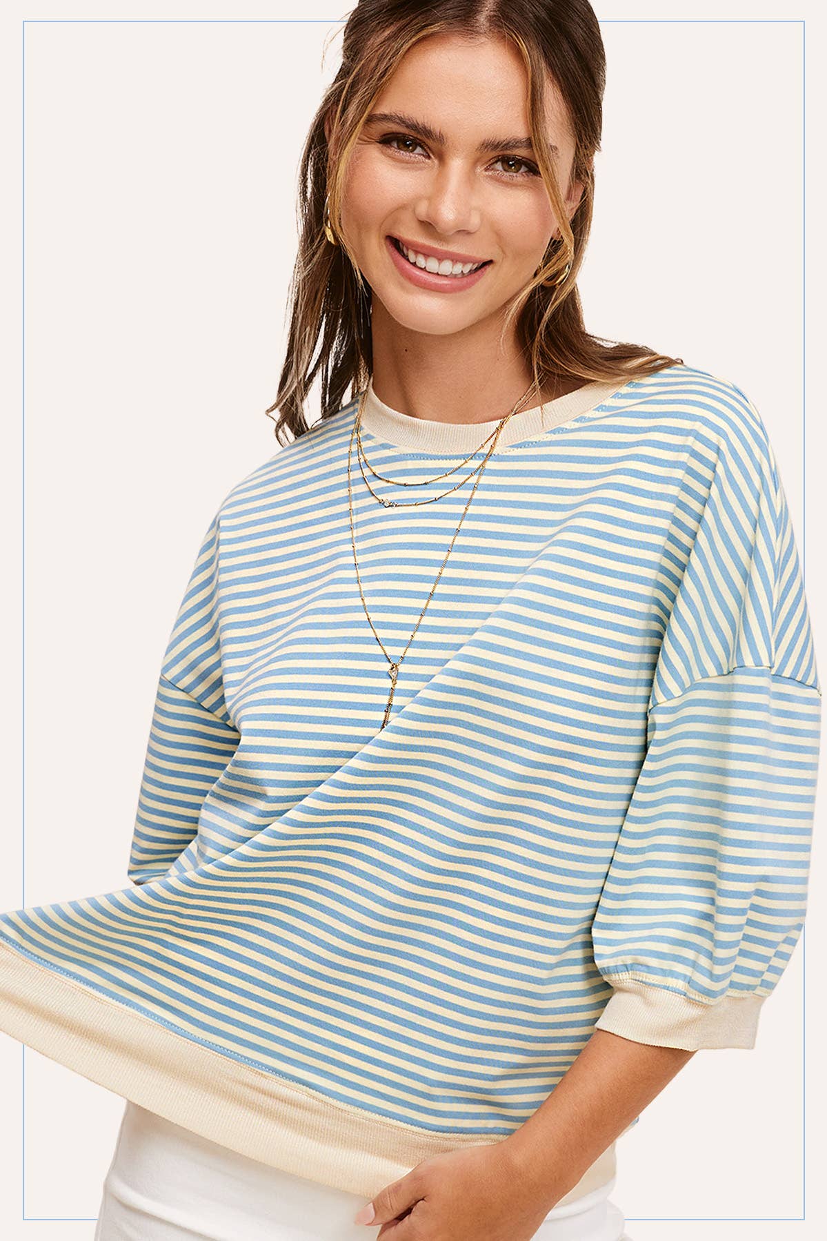 MCT7688-Loose Fit Striped Short Sleeve Crew Neckline Top