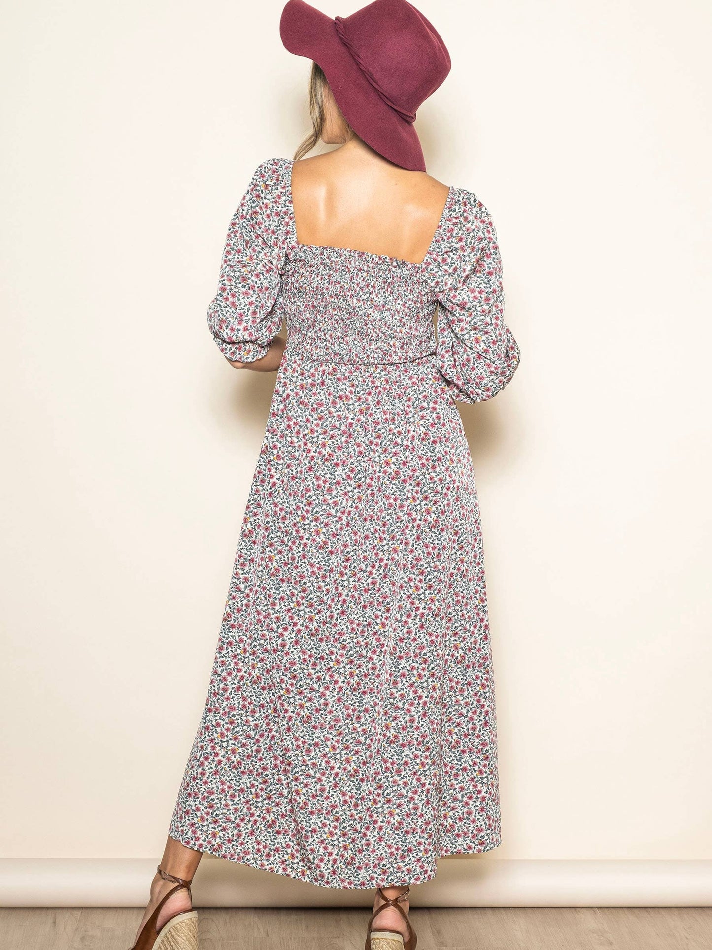 Floral Print Ruffle Detail Smocked Maxi Dress with Pockets