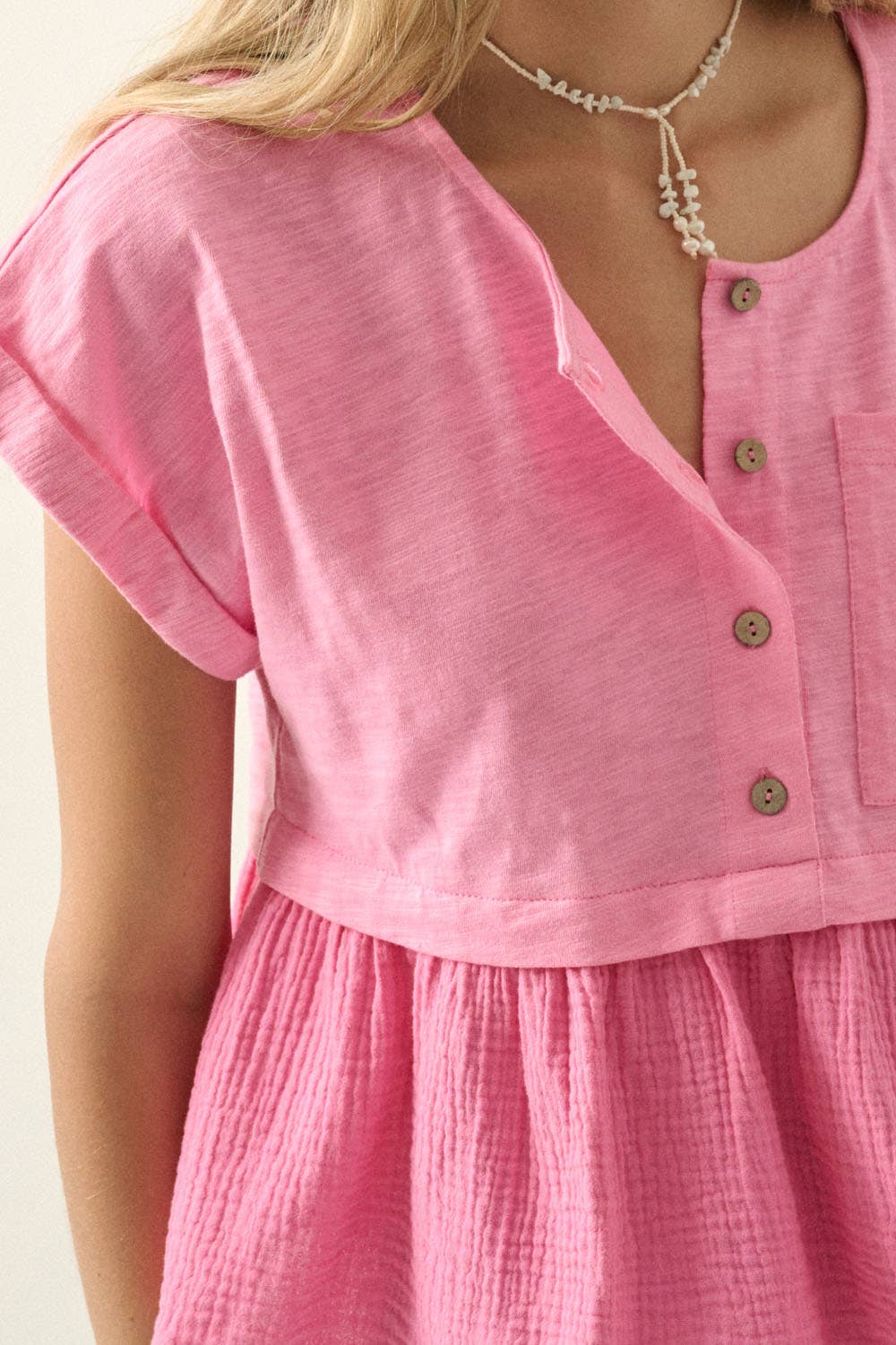 Slub Knit Crinkle Cotton Half-Button Babydoll Top