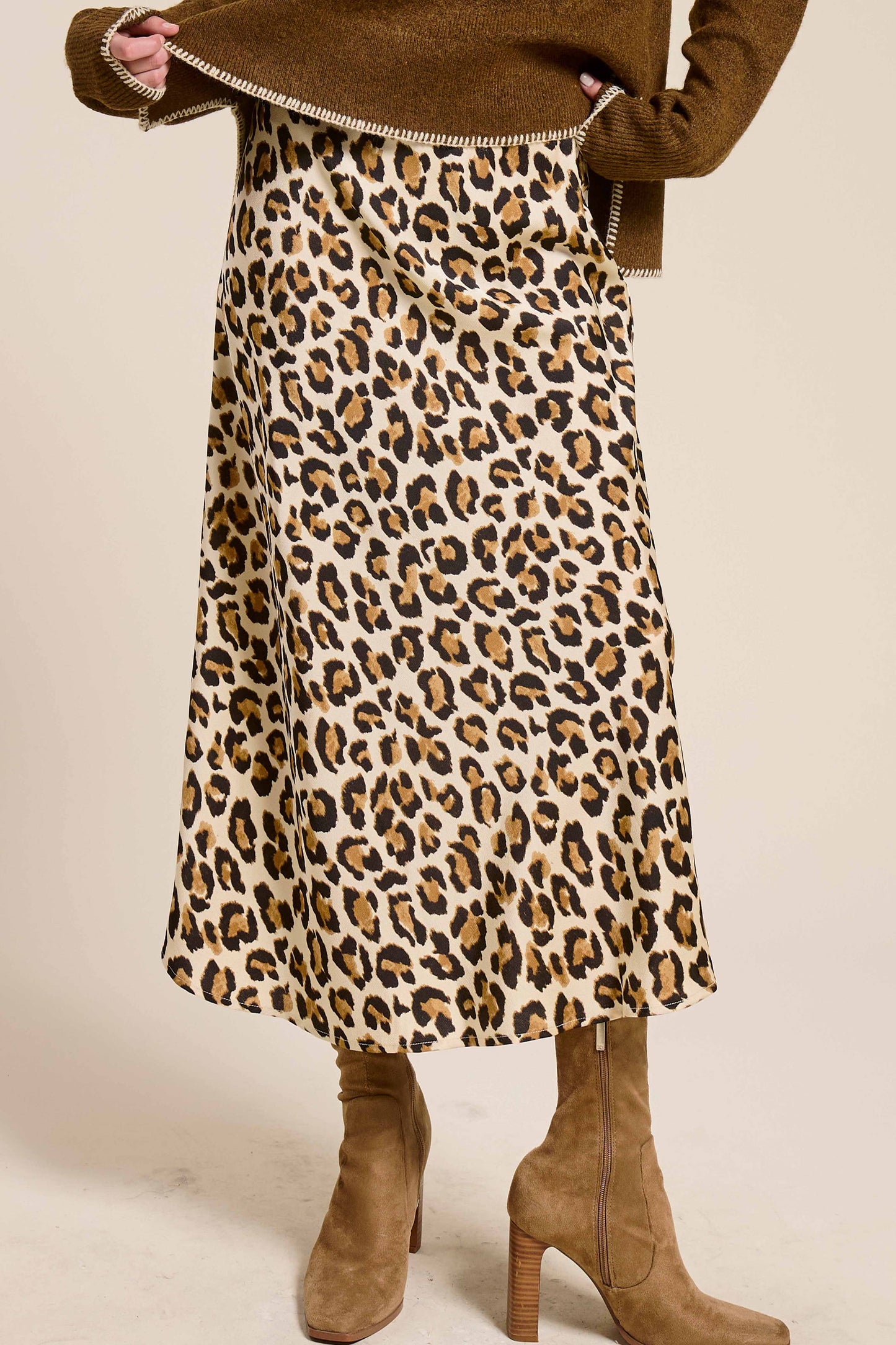 JDP4235-Leopard Dressy Satin Skirt Long Panel Skirt
