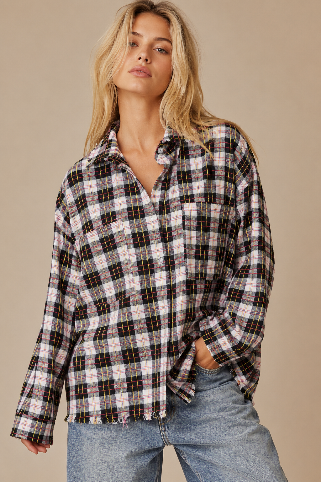 J.NNA - Frayed Hem Plaid Oversized Flannel Button-Down Shirt
