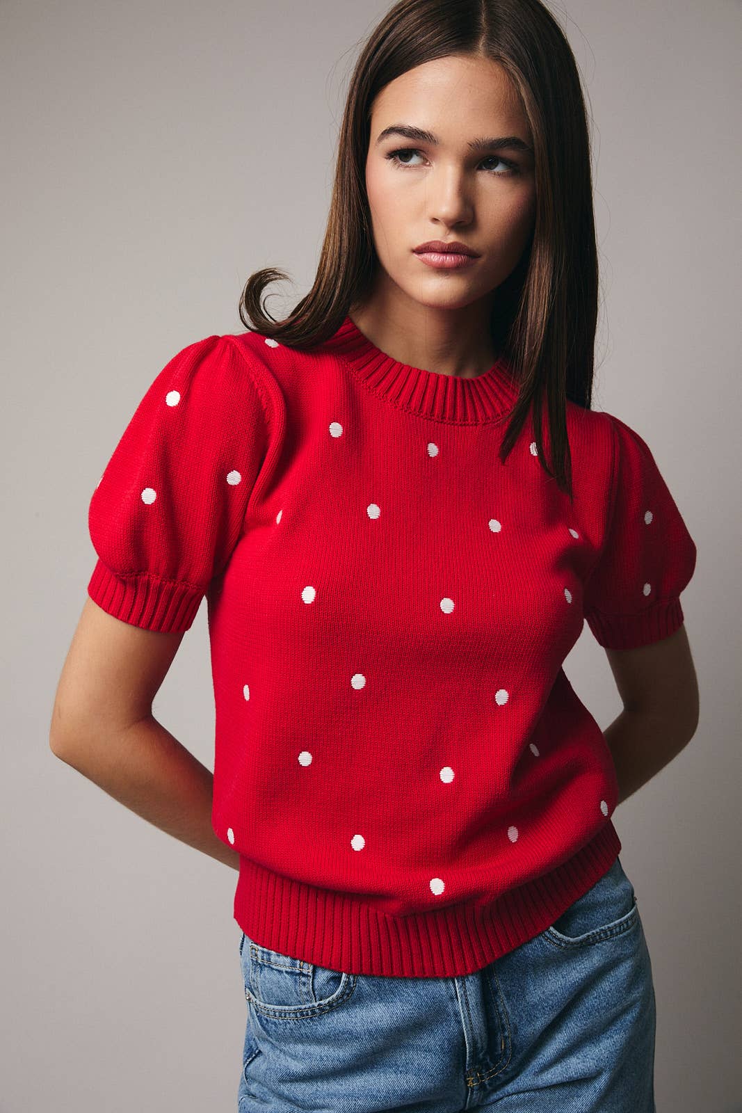 Sunday Edition - ROUND NECK PUFF SHORT SLEEVE "POLKA DOT" EMBROIDERED SWEATER
