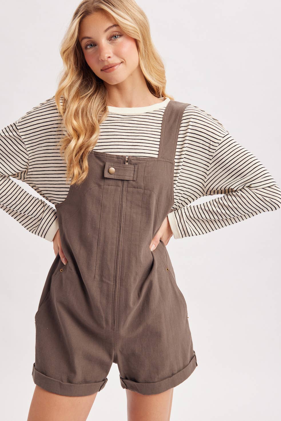 ZIPPER FRONT SNAP BUTTON SQUARE NECK SHORTALLS
