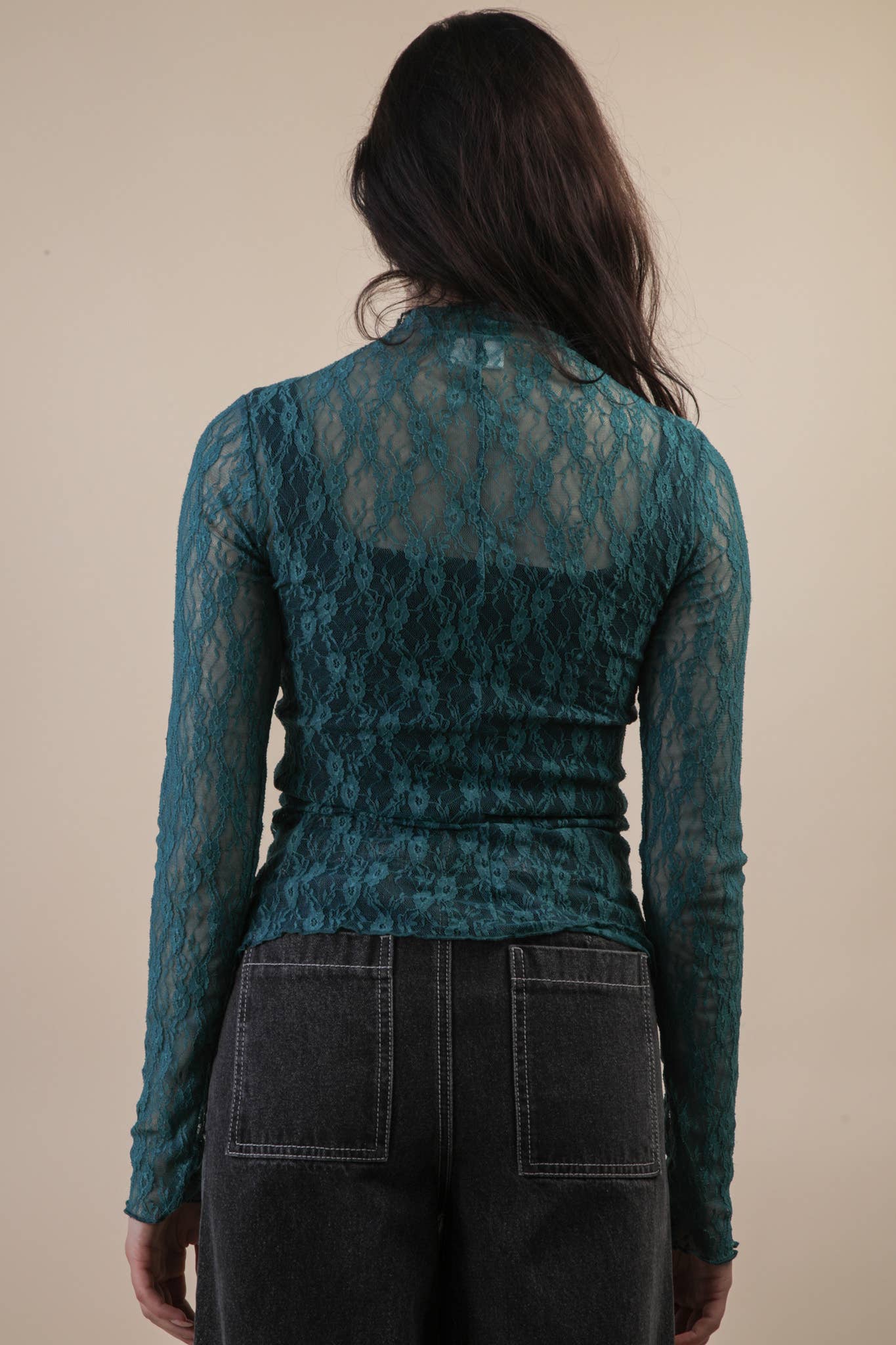 NT12220-High Neck Fitted Sheer Mesh Lace Knit Top