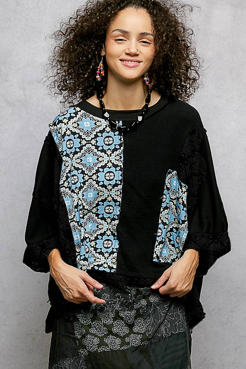 Round Neck Double Gauze Floral Woven Top