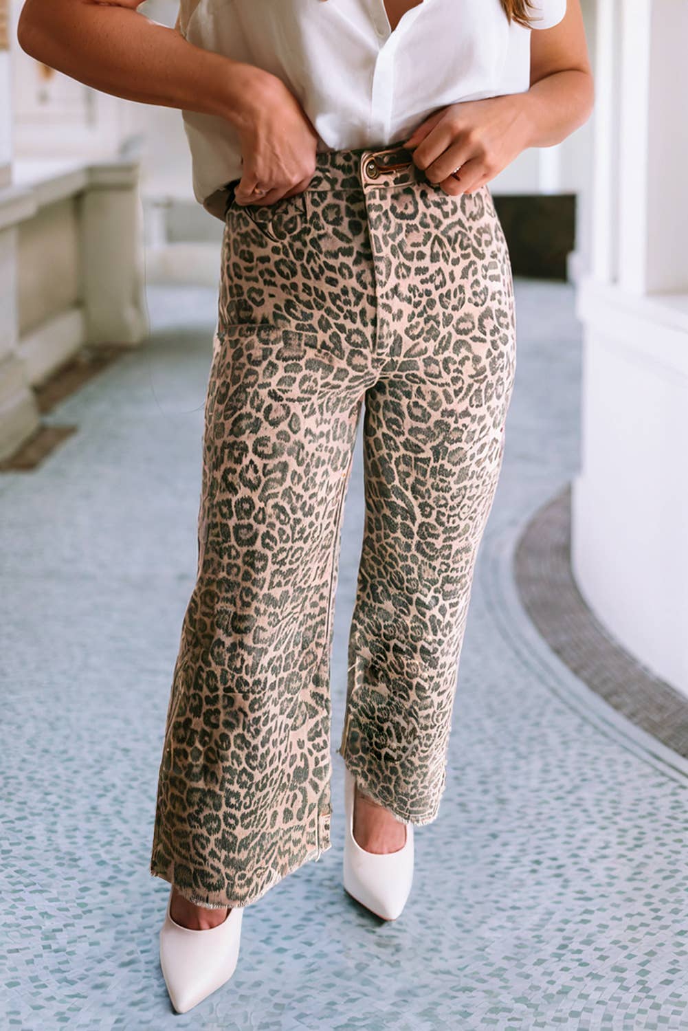 LDC Leopard Frayed Edge Wide Leg High Waist Jeans