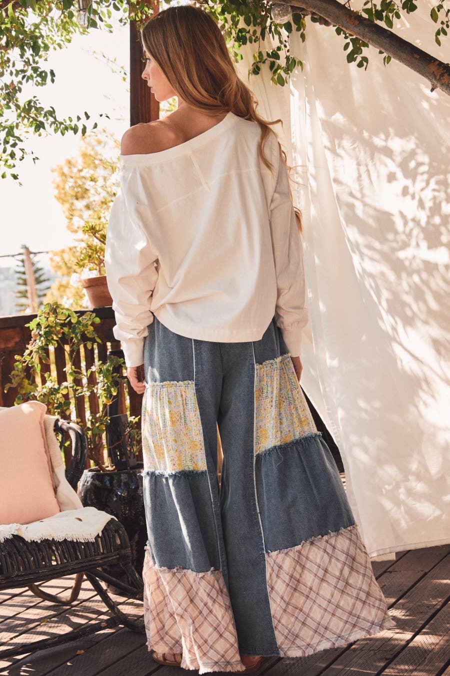 Oddi - Mixed Fabric Patchwork Wide Leg Pants
