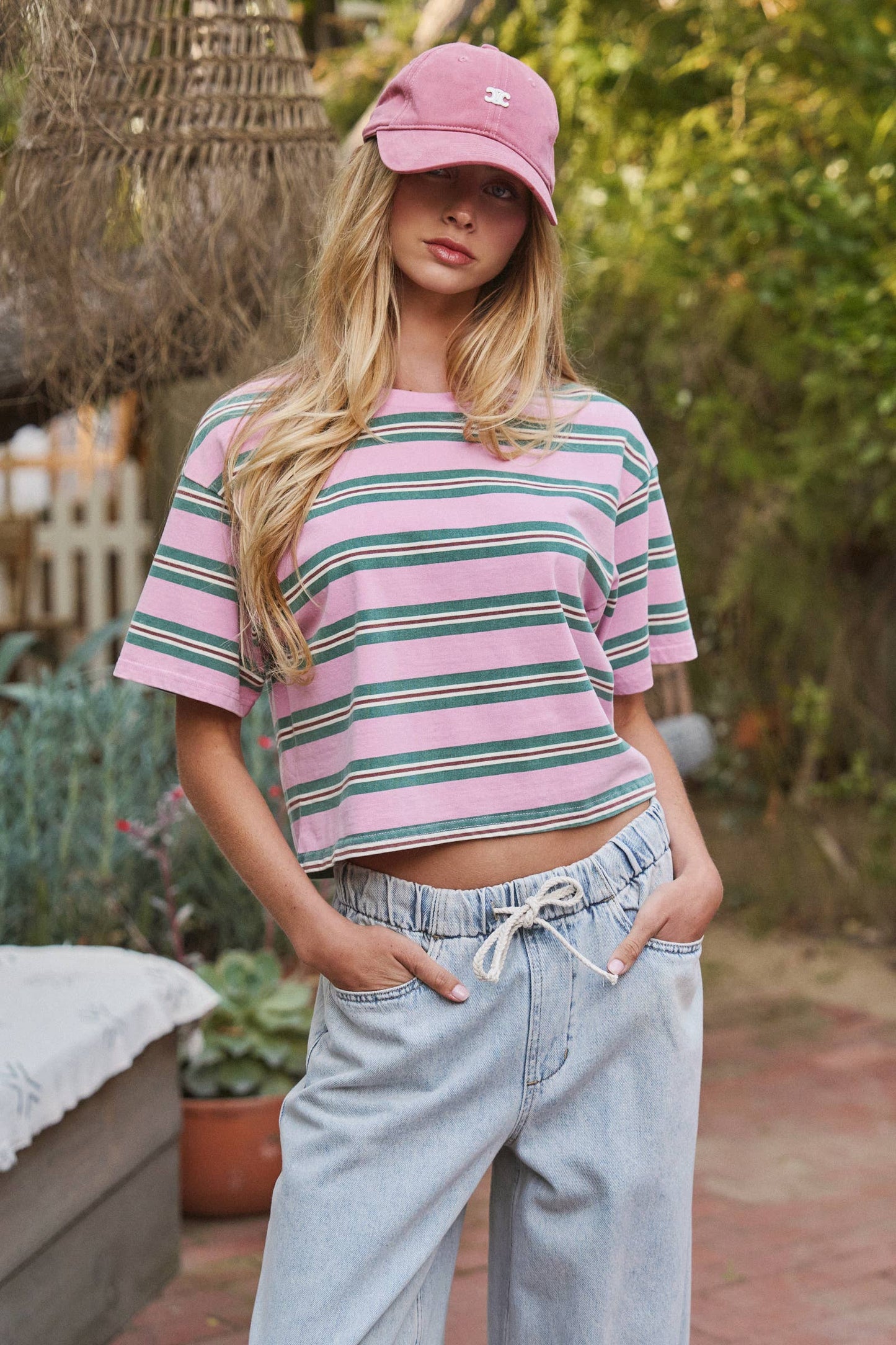 Urban Daizy - Vintage Washed Striped Cotton Crop Tee