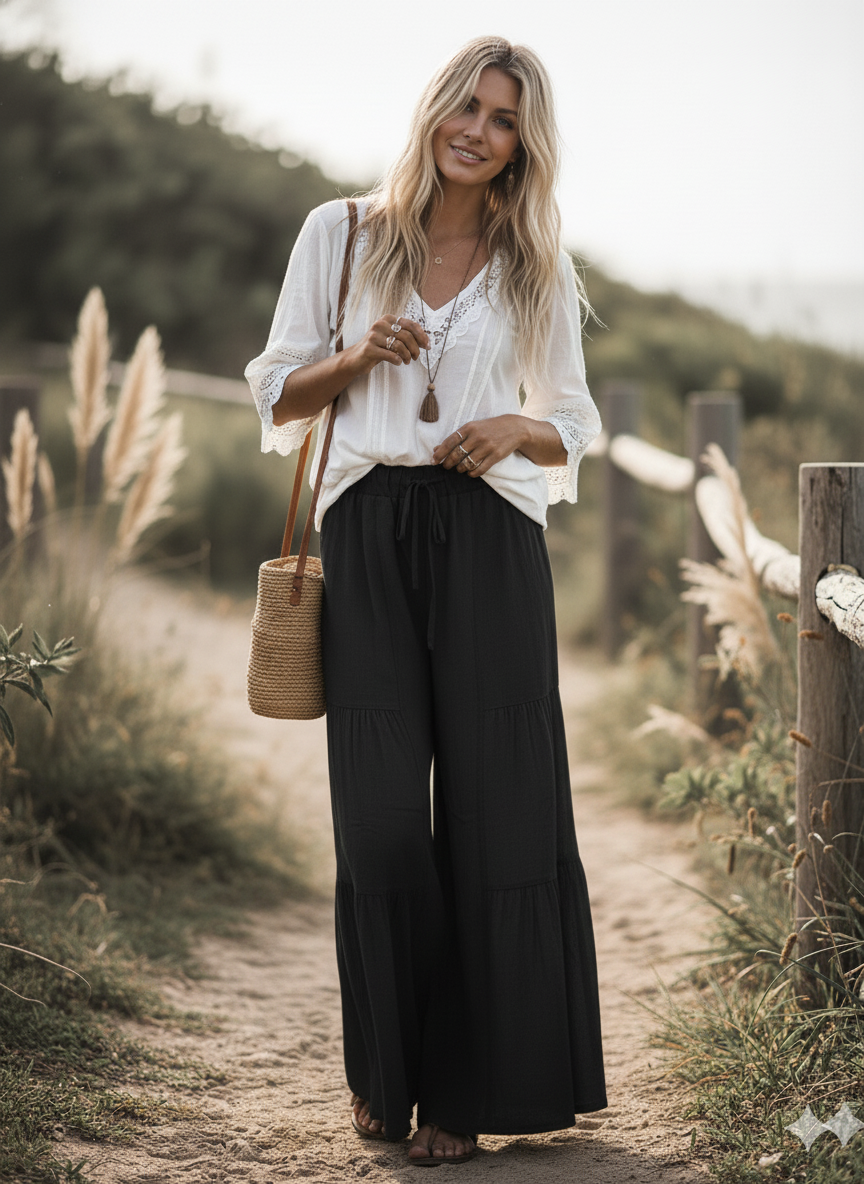 Linen Blend Tiered Wide Leg Palazzo Pants